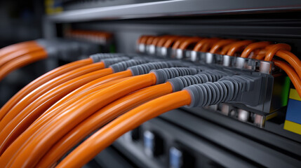 High density orange network cables connected to server patch panel in data center, organized routing and insulated connectors conveying high speed connectivity and technical precision