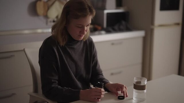 Disabled young woman with cerebral palsy sitting at kitchen table, opening bottle, pouring pills into hand and taking medicine, managing health condition and daily treatment routine independently.