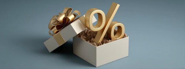 Elegant golden percent sign inside an open gift box with ribbon, symbolizing discounts, sales, promotions, luxury offers, finance and celebration. banner 