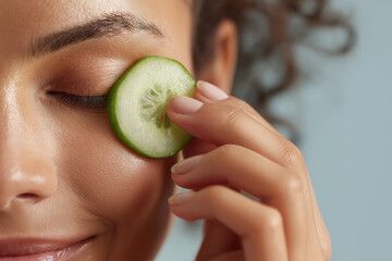 close-up portrait applying cucumber eye mask, gentle pastel tones, cool relaxation
