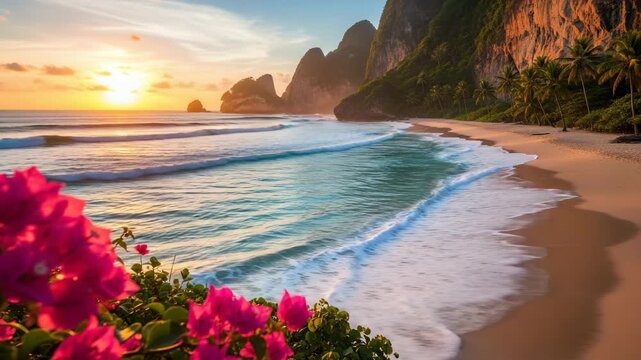 Tropical beach sunset with bougainvillea flowers waves and dramatic cliffs