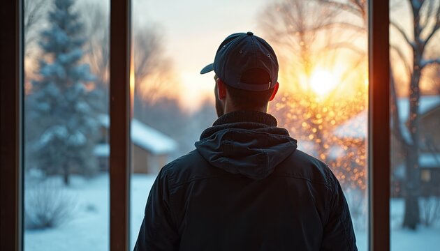 Man in cap stands at window watching winter sunset. From behind looks at snowy landscape outside home. Lone person feels thoughtful viewing cold outdoors. Guy enjoys golden hour from inside house