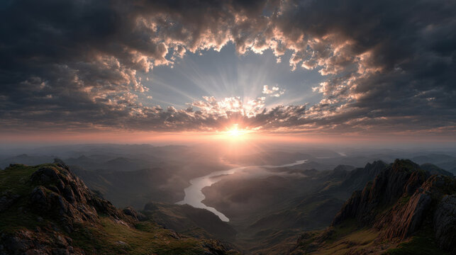 Sunset sunrise over winding river valley with dramatic cloud hole and sunrays illuminating rocky mountain ridges, misty landscape and golden orange light creating serene awe