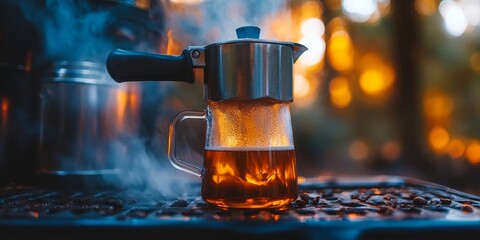 Close-up of a coffee maker in use, representing camping and cooking equipment. The image highlights the practicality and convenience of outdoor cooking, perfect for camping gear, Generative AI