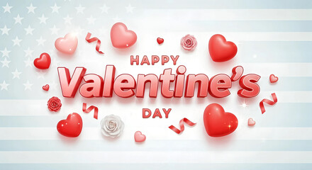 Happy valentines day greeting with red hearts and ribbons on a subtle american flag background