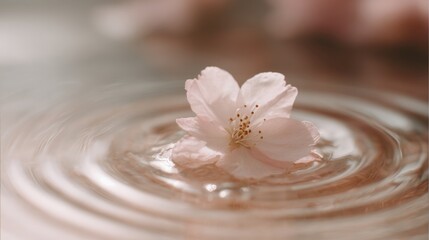 Close-up of a single pink flower floating in a pool of water. the flower is in the center of the image, with its petals spread out and its center a bright yellow color.