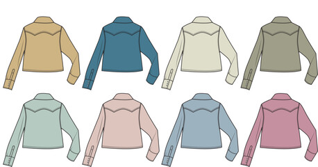 A collection of diverse colored long-sleeved denim jackets displayed in a grid formation for fashion inspiration and design reference