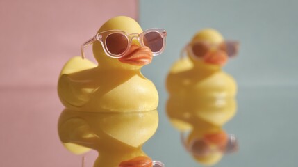 Two small yellow rubber ducks wearing pink sunglasses. the ducks are placed on a reflective surface, with their reflections visible on the surface.