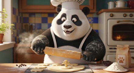 Animated Panda Chef Rolling Dough in Kitchen preparing to bake a scrumptious treat