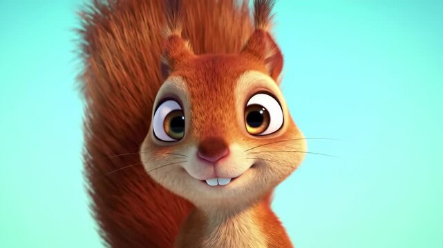 Smiling cartoon squirrel portrait, against a teal background, perfect for children?s stories, advertising, or animation