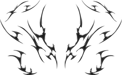 3d chrome metal of y2k tribal sigilism tatto. Flame shape in liquid mercury. 3d illustration of abstract neo tribal cyber sigil metallic melted modern burn form, design element. 3D Illustration