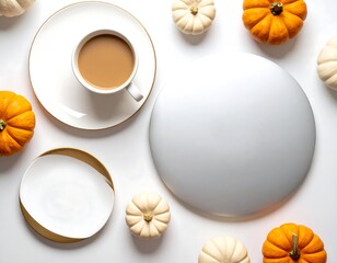 Autumn coffee break with pumpkins and white plates on white background.