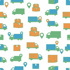 Seamless Pattern of Delivery Trucks and Packages for Logistics.