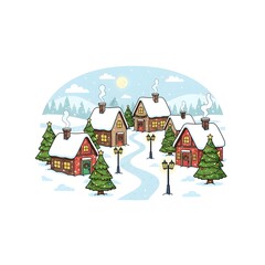 Cozy Christmas Village at Night with Snow Covered Houses and Decorated Trees