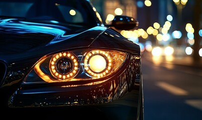 Headlights of a modern car on city streets at night, capturing the sleek design and vibrant bokeh effects. The image emphasizes automotive sales, competition, and mechanics, ideal, Generative AI