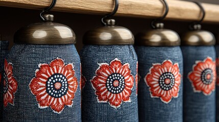 Close-up view showcasing decorative floral patterned curtains in blue denim