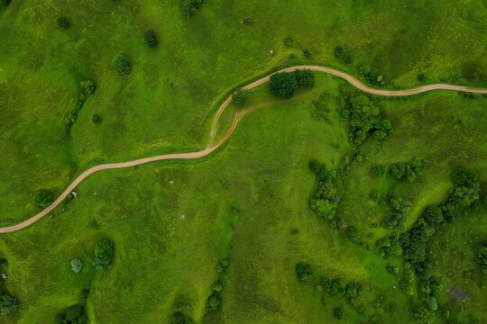 Aerial view of winding path through green landscape with scattered trees and hills