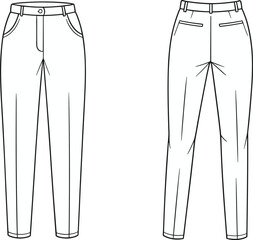 Technical trousers sketch, front and back view, tapered leg pants, welt pockets, belt loops, button closure, fashion illustration, garment drawing, vector design