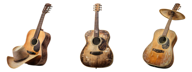 Vintage Acoustic Guitars with Cowboy Hat on Rustic Background