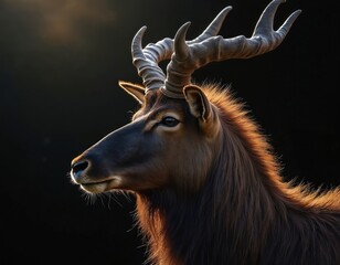 Profile portrait of majestic Sitatunga antelope male. Shaggy brown fur, impressive spiraled horns illuminated by warm golden light. Wild animal stands calmly, unique features against dark backdrop,