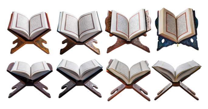 Elegant Display of Open Books on Decorative Stands, isolated on transparent background