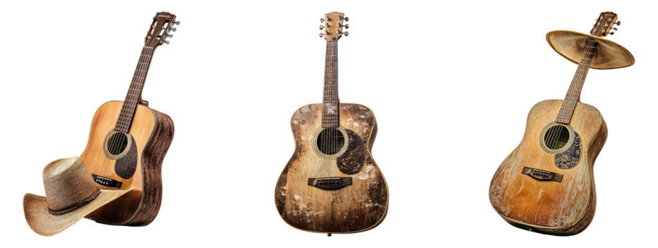 Vintage Acoustic Guitars with Cowboy Hat on Rustic Background - Powered by Adobe