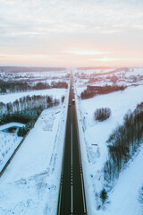 Aerial View of Snow-Covered Road in Winter