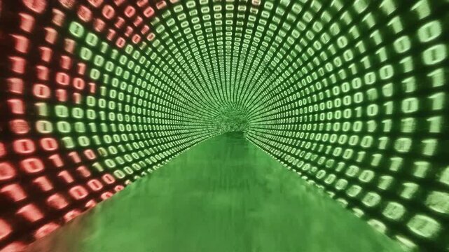 High-speed data tunnel animation showing a converter particle flipping a red binary code of '0's to an active, vibrant green of '1's.