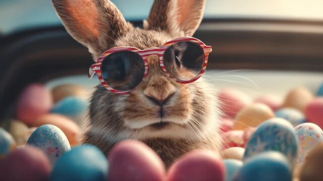 Curious bunny wearing pink sunglasses peers from a nest of pastel Easter eggs. sunlit, bright vibes