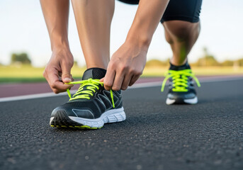 Runner tying shoelaces on track preparing for race or workout
