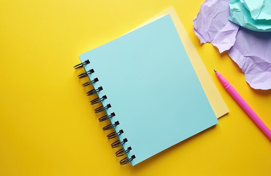 Spiral bound notebook with blank blue page lies on yellow background next to crumpled paper balls and pink pen. Stationery and writing concept. Empty notepad for notes and ideas.