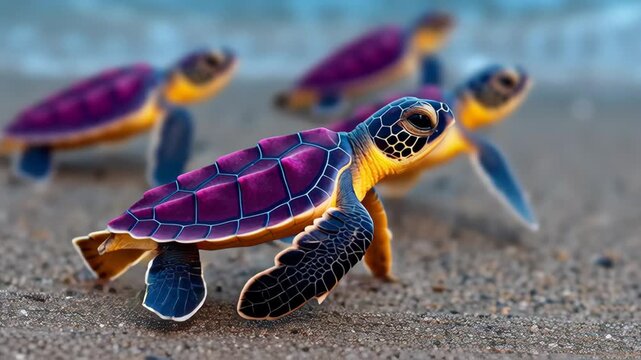 Colorful baby turtles moving across sandy beach, showcasing their vibrant shells and lively movements, captured in a dynamic sequence with a smooth follow camera motion enhancing the scene's energy