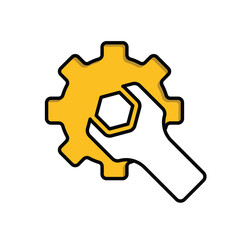mechanic icon. management. gear with gear key on white background. Automatic, optimization, ease. Mixed design style