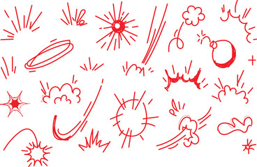 hand-drawn symbols, icons, and shapes in a reddish-pink color on a white background Chalk crayon underline, check mark, scribble and texture in rough hand sketch style

