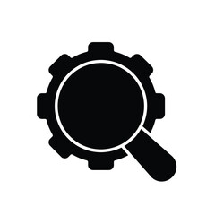 seo icon. management. magnifying glass with gear, on a white background. Automatic, optimization, ease. Flat design style