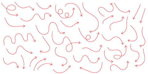 Squiggly arrows doodle set. Curve and Spiral comic symbols in sketch style. Hand drawn vector illustration isolated on white background