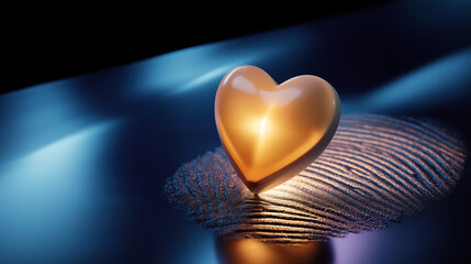 Minimalist composition of an illuminated heart-shaped chip placed beside a human fingerprint, representing emotional AI, with copy space.