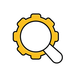 seo icon. management. magnifying glass with gear, on a white background. Automatic, optimization, ease. Mixed design style