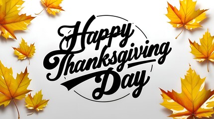 Beautiful autumn-themed poster design, showcasing shimmering yellow and orange leaves arranged artistically around sleek black calligraphy text reading “Happy Thanksgiving Day”, with a soft gradient 