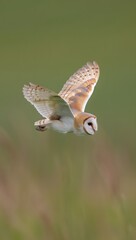 Fototapeta premium Barn owl in flight with wings spread in natural habitat during daytime hunting prey