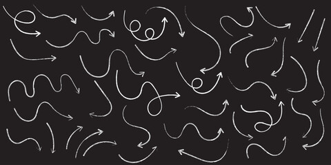 Crayon arrow sketches collection - hand drawn doodle style pointers, curved lines, round swirls. Chaotic scribbling, artistic design elements set. Black grunge brush strokes isolated on white bg.