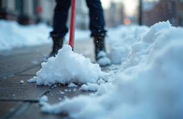 Naklejka premium Person uses shovel to clear snow from paved path. Winter chore involves moving white accumulation from walkway. Cold weather work keeps areas clear for walking.