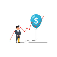Businessman pumping dollar sign balloon, symbolizing financial growth, investment, and economic success
