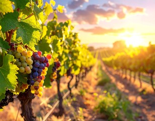 A vibrant vineyard at sunset, with rows of grapevines and golden light illuminating the grapes