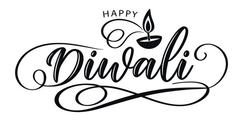 Elegant Happy Diwali Script with Traditional Diya Lamp for Festive Celebrations and Cultural Designs, perfect for Indian Holiday Greetings and Invitations