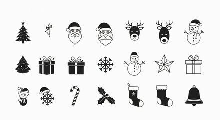 A collection of black and white Christmas holiday icons including Santa, reindeer, snowmen, trees, gifts, and festive decorations.