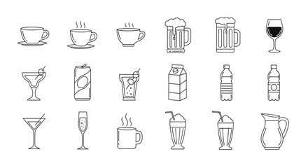 Line art illustration of various drinks, including coffee, beer, juice, and cocktails.