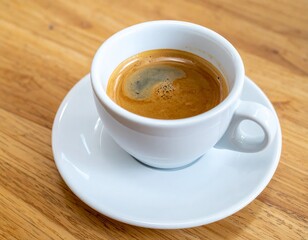 Hot Espresso Coffee Served in White Ceramic Cup on Wooden Table for Premium Caf&eacute; Drink Object and Italian Beverage Concept