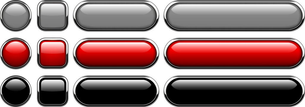Multicolored buttons  isolated with metallic chrome elements, shiny navigation panel for website.