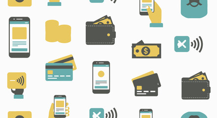 Digital payment icons representing financial transactions and mobile wallets.